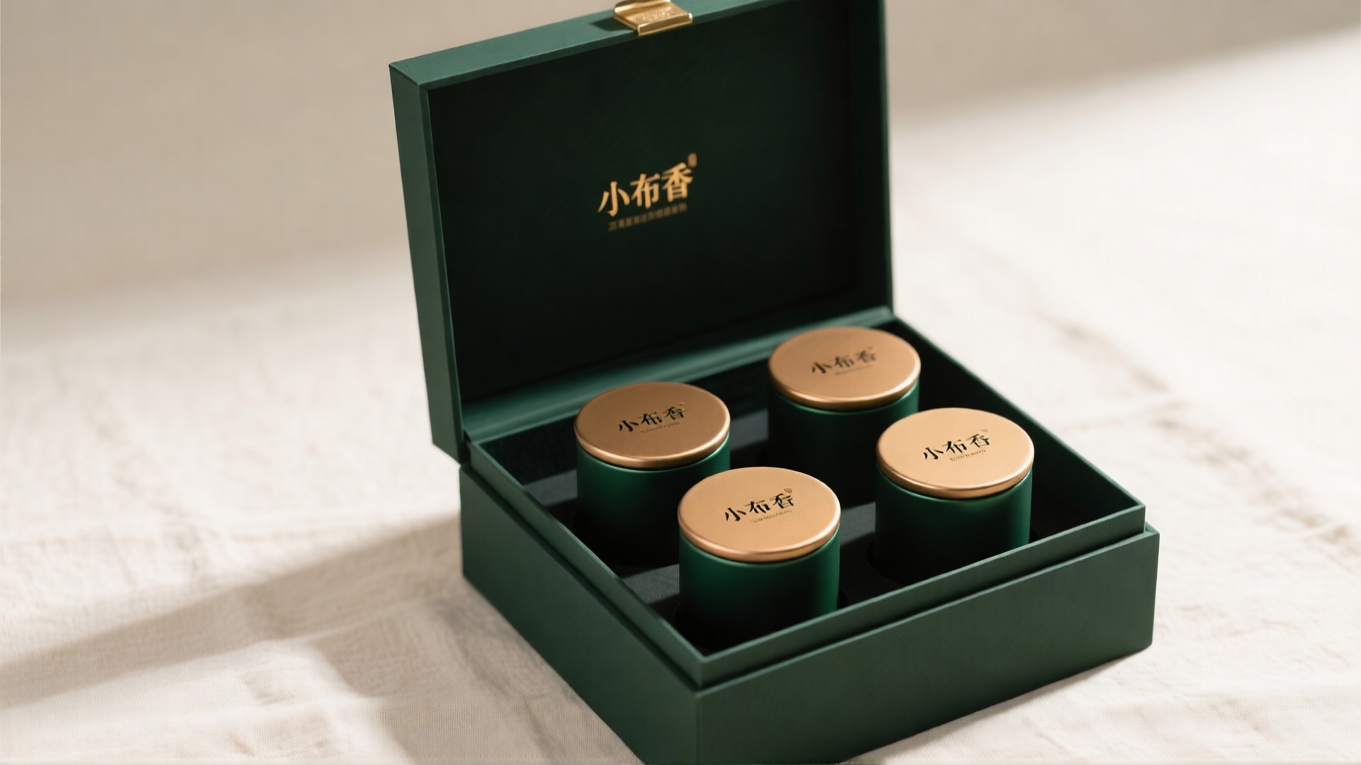 打开的小布香礼盒，内含四罐春茶（AI示意图）